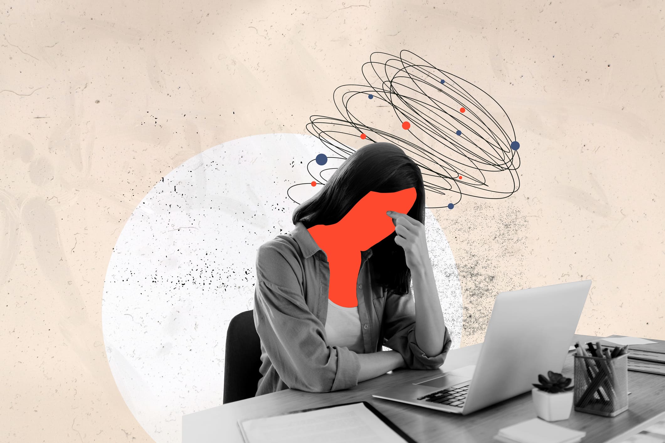 Silueta de una mujer frente al ordenador, con gesto de estrés y confusión mental, representando problemas de salud mental en el entorno laboral.